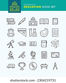 Set of Education Icon Outline Style. School, Science, Pen, Bus.