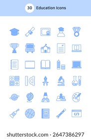 Set of education icons in blue.