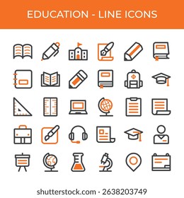 Set of education icons, containing book, pencil, bag, school, blackboard, ruler and more. Dual color line icons