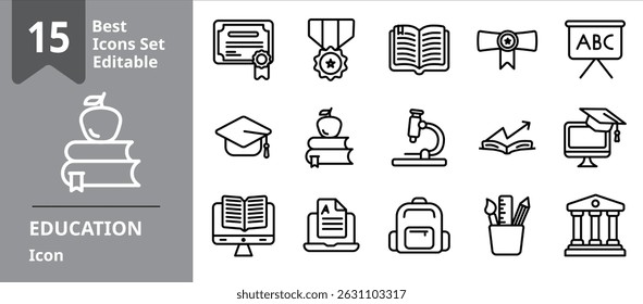 Conjunto de ícones de Educação. Ícones Contém certificado, graduação, bolsa, universidade, aprendizado, etc . Elementos de design para seus projetos.
