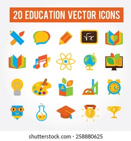 Conjunto de iconos educativos para diferentes estudios: colegio, universidad. Ilustraciones planas vectoriales y moderno elemento de diseño.