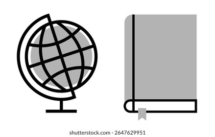 Set of Education icons: earth globe and close book, on transparent background, flat line design, vector illustration