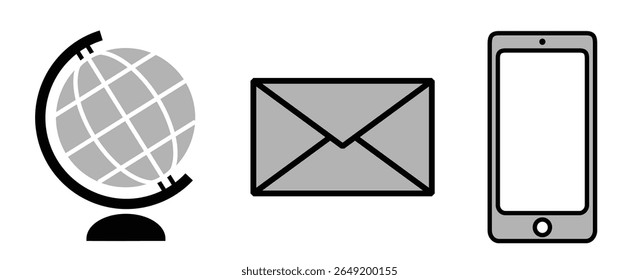 Set of Education icons: earth globe, mail and smart phone device, on transparent background, flat line design, vector illustration