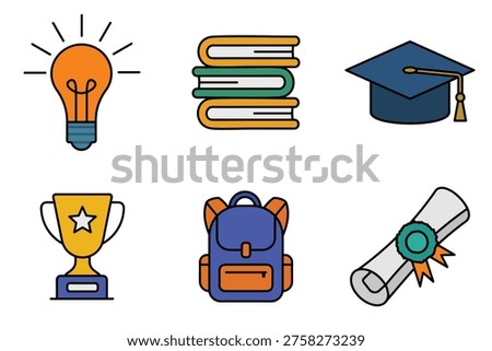 Set of education icons featuring a light bulb stack of books graduation cap trophy backpack and diploma scroll