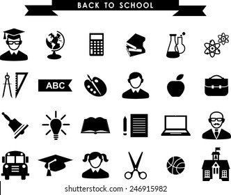Set of education icons in flat black and white style 