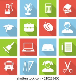 Set of education icons in flat style with long shadows