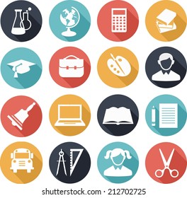 Set of education icons in flat style with long shadows