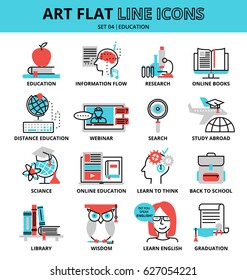 Set of education icons, flat thin line vector illustration, for graphic and web design.