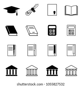 Set of education icons. Graduation cap, diploma, book, calculator, pen and pencil with notebook, university building. Vector Illustration