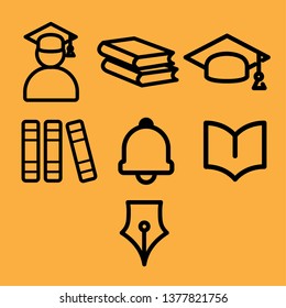 The set of education icons isolated on a orange background. Pen books cap bell. Education concept. Vector illustration can be used for topics like university, graduation, studying, writing, typing