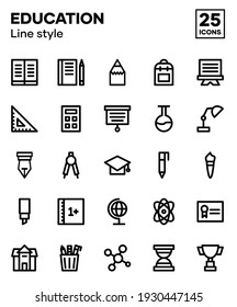 Set of education icons with line styles, including stationery, books, pencils, tools for students and other subjects. Editable vector icons