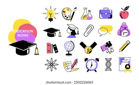 Set of education icons in linear style. Science, research, back to school.  Learning, university, success, academic icons and more signs.
