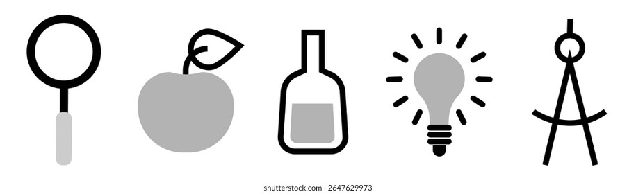 Set of Education icons: magnifying glass, apple fruit, bottle, bulb lamp and divider compass, on transparent background, flat line design, vector illustration