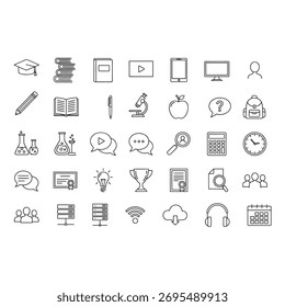 Set of education icons, representing learning, knowledge, and academic pursuits in a simple style