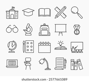 Set of Education icons in simple thin line. Collection of icons related to school, including globe, Bachelor's hat, blackboard, chair, lamp, book, ruler, etc. Editable stroke. Vector ilustration