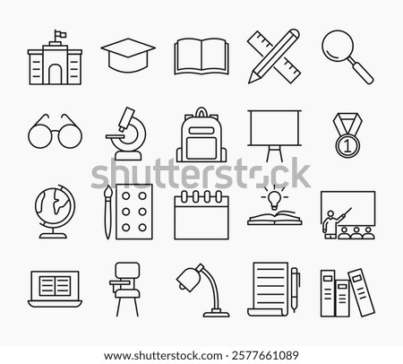 Set of Education icons in simple thin line. Collection of icons related to school, including globe, Bachelor's hat, blackboard, chair, lamp, book, ruler, etc. Editable stroke. Vector ilustration