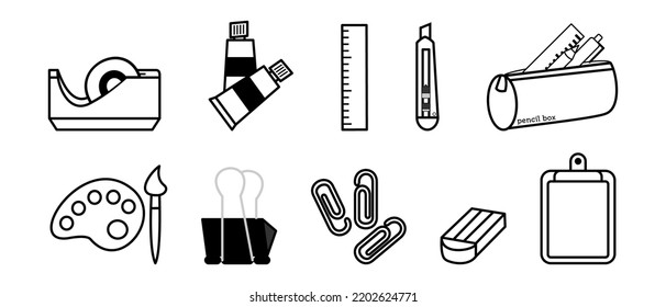 Set Education icons. Stationary outline on white background. All stationary Items. Stationaries icon vector.