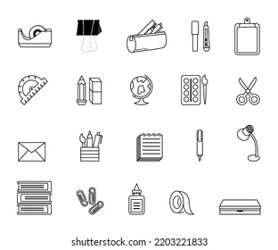 Set Education icons. Stationary outline on white background. All stationary Items. Stationaries icon vector.