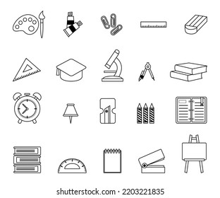 Set Education icons. Stationary outline on white background. All stationary Items. Stationaries icon vector. - Shutterstock ID 2203221835