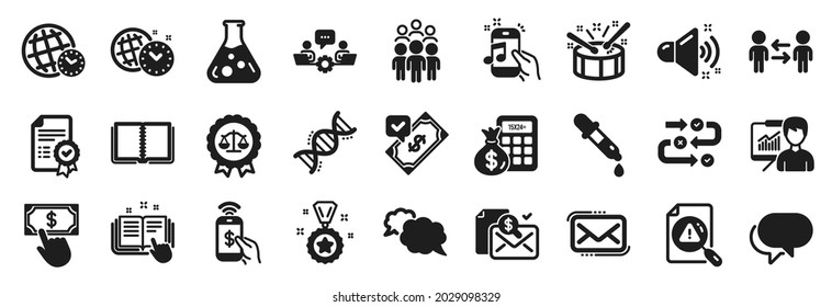 Set of Education icons, such as Accepted payment, Phone payment, Time management icons. Time zone, Chemistry dna, Messenger signs. Talk bubble, Teamwork, Finance calculator. Drums, Book. Vector