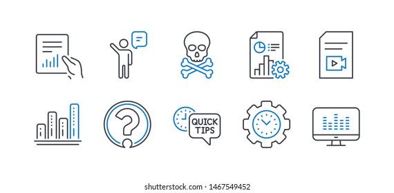 Set of Education icons, such as Agent, Chemical hazard, Video file, Question mark, Time management, Report, Graph chart, Quick tips, Document, Music making line icons. Line agent icon. Vector