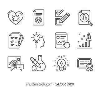 Set of Education icons, such as Analytics graph, Accounting, Survey checklist, Chemistry experiment, Technical documentation, Inspiration, Certificate, Checkbox, Idea, Internet report. Vector