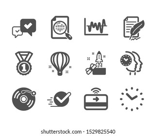 Set of Education icons, such as Approve, Stock analysis, Air balloon, Analytics chart, Feather signature, Vinyl record, Time management, Time, Best rank, Contactless payment, Checkbox. Vector