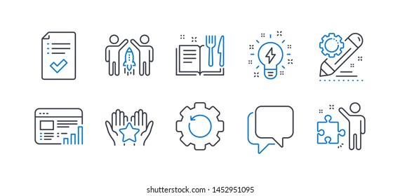 Set of Education icons, such as Approved checklist, Recovery gear, Inspiration, Partnership, Web report, Recipe book, Ranking, Project edit, Talk bubble, Strategy line icons. Vector