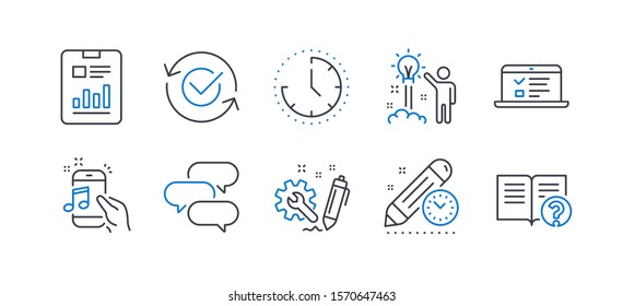 Set of Education icons, such as Approved, Engineering, Time, Creative idea, Web lectures, Project deadline, Talk bubble, Report document, Music phone, Help line icons. Line approved icon. Vector