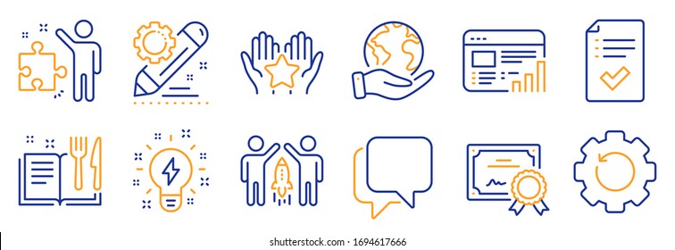 Set of Education icons, such as Approved checklist, Recovery gear. Certificate, save planet. Inspiration, Partnership, Web report. Recipe book, Ranking, Project edit. Vector