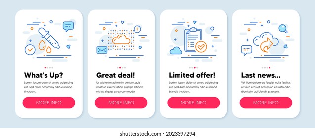 Set of Education icons, such as Approved report, Cloud system, Chemistry pipette symbols. Mobile screen mockup banners. Cloud share line icons. Verification document, Data storage, Laboratory. Vector