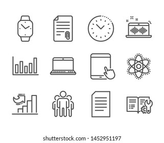 Set of Education icons, such as Attachment, Engineering documentation, Time management, Group, Document, Tablet pc, Chemistry atom, Music making, Column chart, Notebook, Smartwatch. Vector