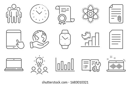 Set of Education icons, such as Attachment, Engineering documentation. Diploma, ideas, save planet. Time management, Group, Document. Tablet pc, Chemistry atom, Music making. Vector