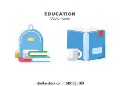 Set of education icons, such as bag and books, with flat style. Suitable for Education, science, studying, and school theme.