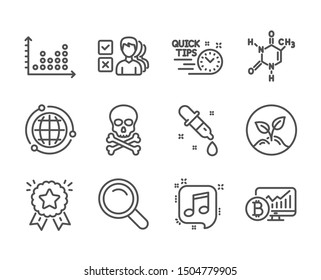 Set of Education icons, such as Bitcoin chart, Chemistry pipette, Quick tips, Chemical formula, Dot plot, Opinion, Ranking star, Startup, Musical note, Chemical hazard, Globe, Search. Vector