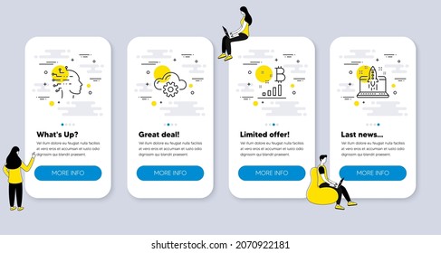 Set von Bildungs-Symbolen, wie Bitcoin-Grafik, Cloud-Computing, Künstliche Intelligenz-Symbole. UI-Telefon-App-Bildschirme mit Menschen. Starten Sie die Unternehmenssymbole. Vektorgrafik
