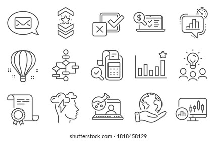 Set of Education icons, such as Block diagram, Online chemistry. Diploma, ideas, save planet. Checkbox, Online accounting, Efficacy. Mindfulness stress, Candlestick chart, Bill accounting. Vector