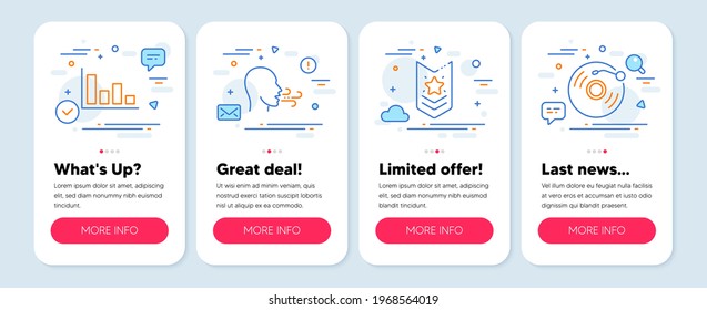 Set of Education icons, such as Breathing exercise, Histogram, Shoulder strap symbols. Mobile screen app banners. Vinyl record line icons. Breath, Economic trend, Star rank. Retro music. Vector
