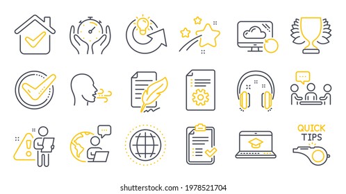 Set of Education icons, such as Breathing exercise, Website education, People chatting symbols. Share idea, Feather signature, Timer signs. Tutorials, Technical documentation, Winner. Vector