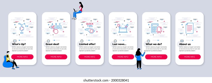 Iconos del conjunto de la educación, como la alarma de la calculadora, el concepto de creatividad, los iconos de los tutoriales. pantallas de aplicación de teléfono de interfaz de usuario con trabajo en equipo. Casilla de verificación Correcto, Fórmula química, Símbolos de línea de archivo. Vector