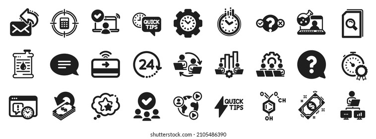 Set of Education icons, such as Cashback, Payment, Online chemistry icons. Time, Contactless payment, Time management signs. Chemical formula, Project deadline, Oil barrel. Ranking stars. Vector