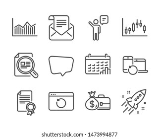 Set of Education icons, such as Chat message, Certificate, Mail newsletter, Recovery devices, Salary, Check article, Calendar graph, Recovery internet, Money diagram, Startup rocket, Agent. Vector