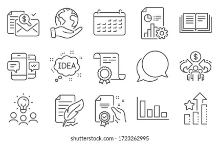 Set von Bildungs-Symbolen, wie Chat-Nachricht, Zertifikat. Diplom, Ideen, retten Planet. Ranking Sterne, Bildung, Sharing Economy. Kalender, Buchhaltungsbericht, Histogramm. Vektorgrafik