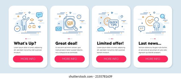 Set of Education icons, such as Check article, Algorithm, Quick tips symbols. Mobile screen app banners. Verification person line icons. Magnifying glass, Developers job, Helpful tricks. Vector