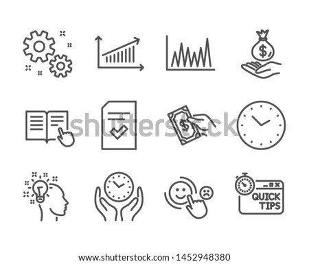 Set of Education icons, such as Checked file, Safe time, Income money, Pay money, Quick tips, Work, Read instruction, Line graph, Time, Chart, Idea, Customer satisfaction line icons. Vector