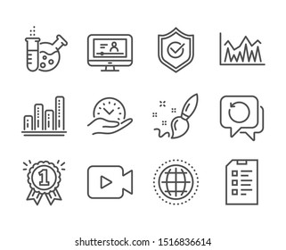 Set of Education icons, such as Checklist, Chemistry lab, Reward, Investment, Approved shield, Globe, Online video, Paint brush, Recovery data, Graph chart, Video camera, Safe time. Vector