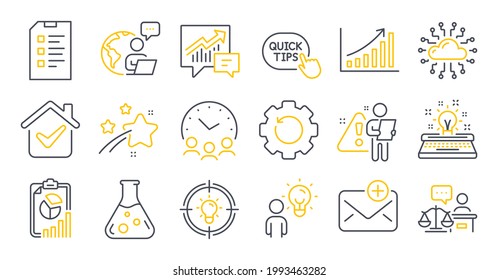 Set of Education icons, such as Checklist, Court judge, Quick tips symbols. Graph chart, Recovery gear, Typewriter signs. Group people, Report, Meeting time. Accounting, Chemistry lab. Vector
