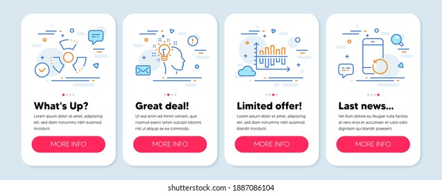 Set of Education icons, such as Chemical hazard, Idea, Diagram chart symbols. Mobile screen banners. Recovery phone line icons. Toxic, Creative designer, Presentation graph. Backup smartphone. Vector
