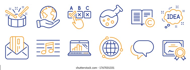 Set of Education icons, such as Chemistry lab, Globe. Certificate, save planet. Talk bubble, Copyright, Idea. Graph laptop, Drums, Musical note. Credit card, Correct checkbox line icons. Vector