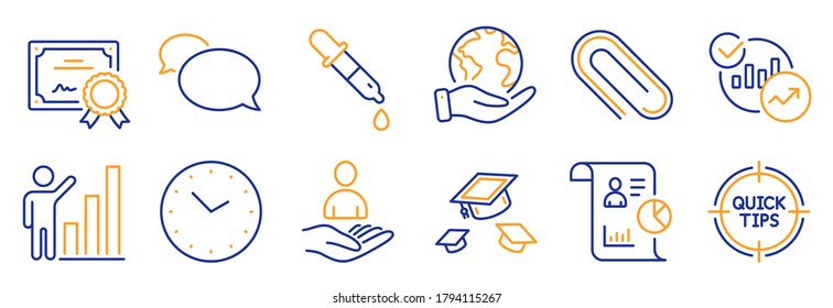 Set of Education icons, such as Chemistry pipette, Throw hats. Certificate, save planet. Time, Report, Messenger. Graph chart, Paper clip, Tips. Recruitment, Statistics line icons. Vector